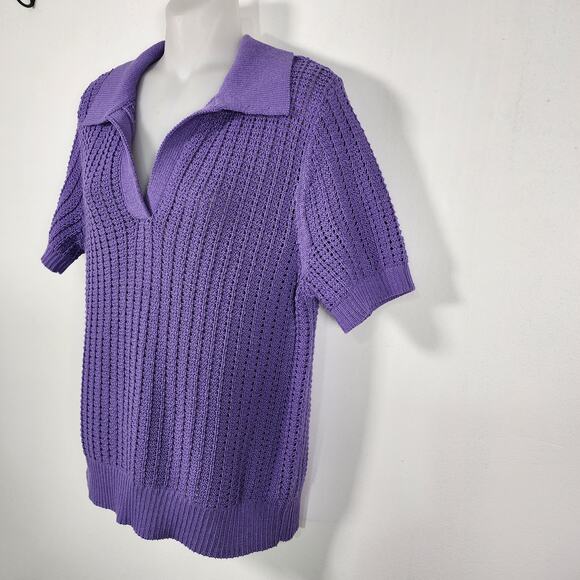 Talbots Women’s Pointelle Stitch Polo Sweater Medium Purple Open Knit Crochet - Picture 6 of 8